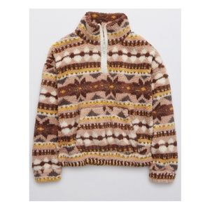 BROWN SHERPA QUARTER ZIP SWEATER.
